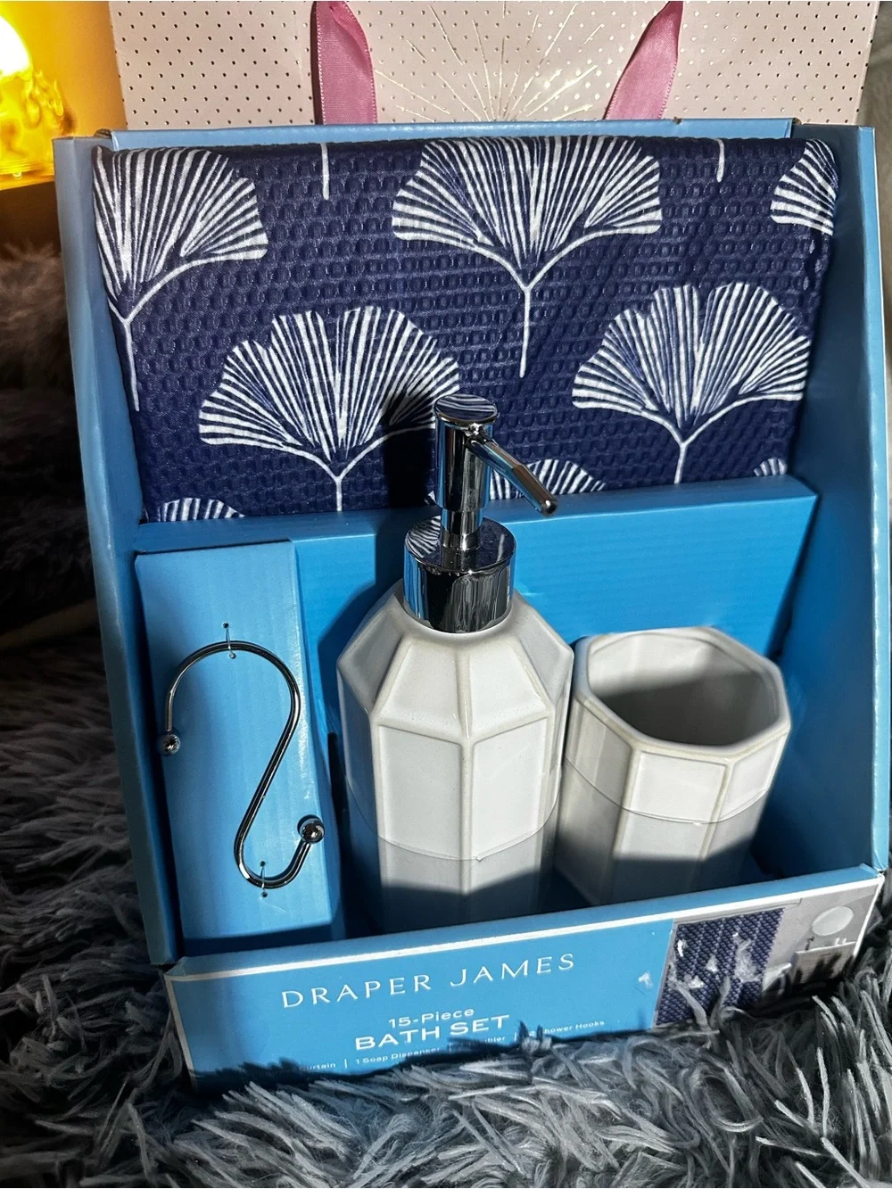 15PCS Draper James Navy & White Ceramic Bath Accessory Set/Floral Shower Towel
